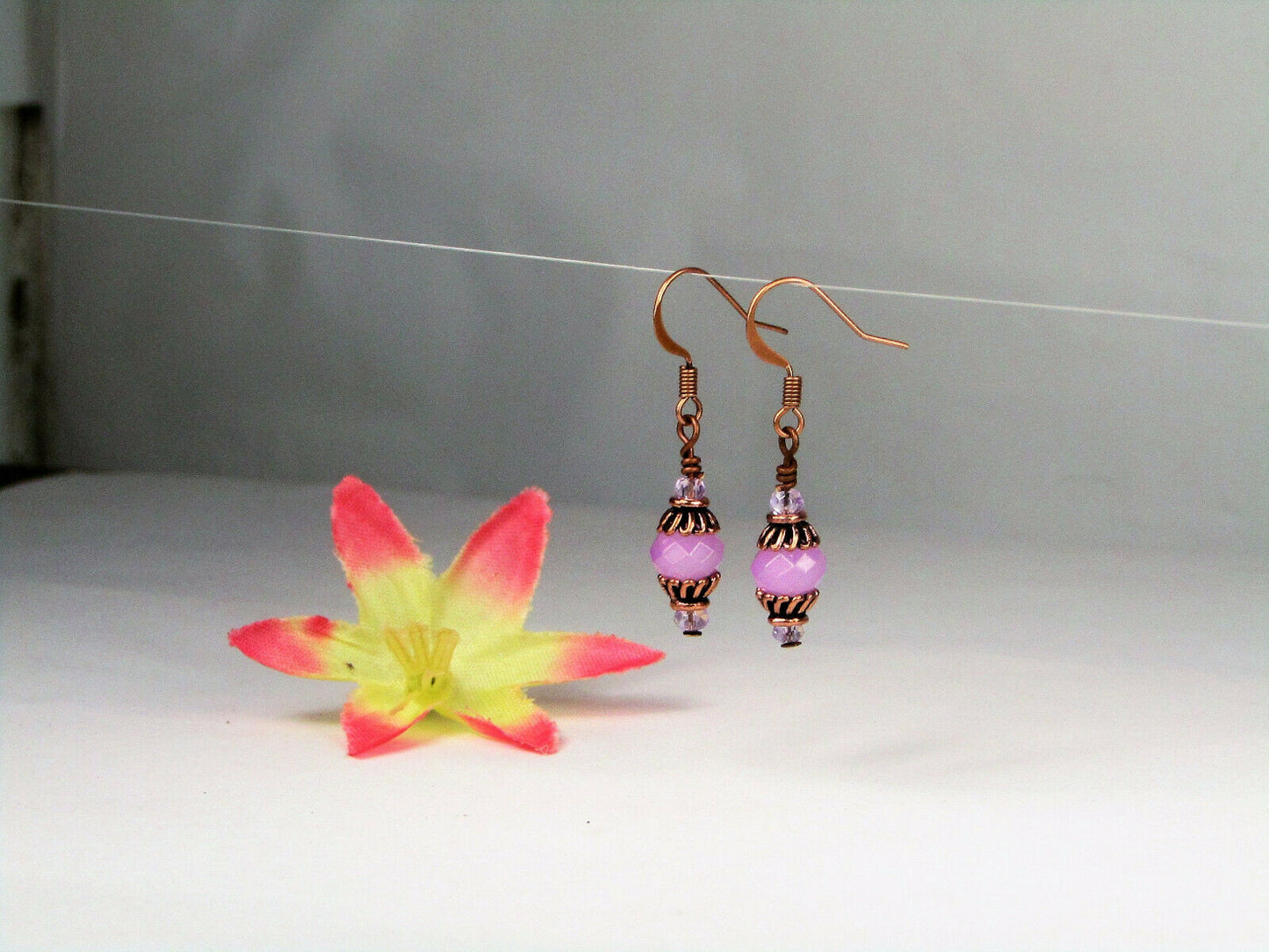 Faceted Opaque Purple Crystal Antique Copper Capped Dangle Earrings Artisan Made - Bad Apple Designs Jewelry