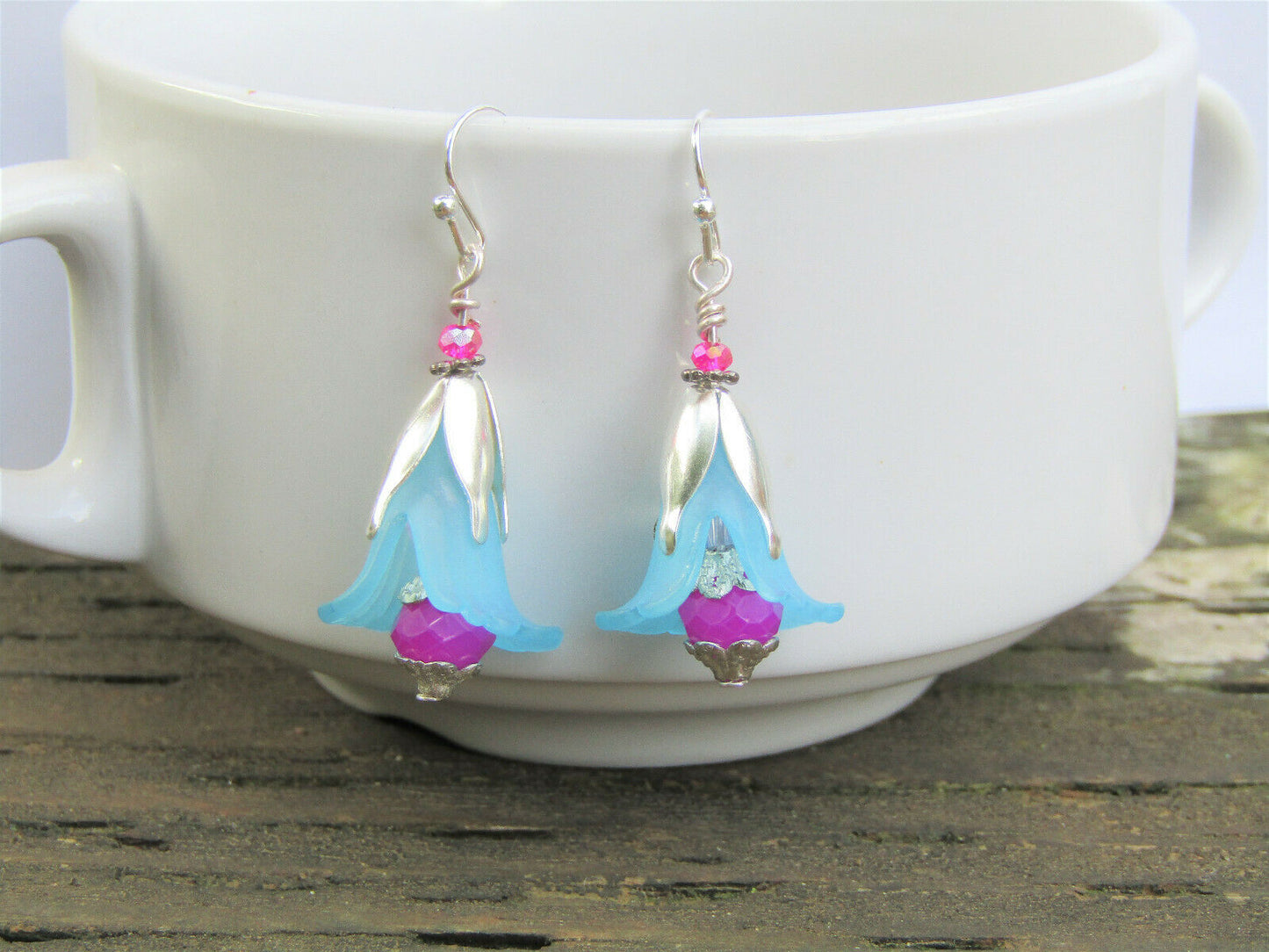 Flower Earrings Blue Purple Dangle Lucite Trumpet Lily Silver Plated - Bad Apple Designs Jewelry