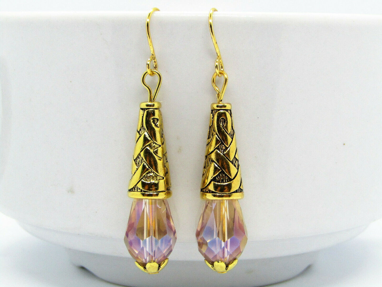 Beige Crystal Gold Dangle Earrings