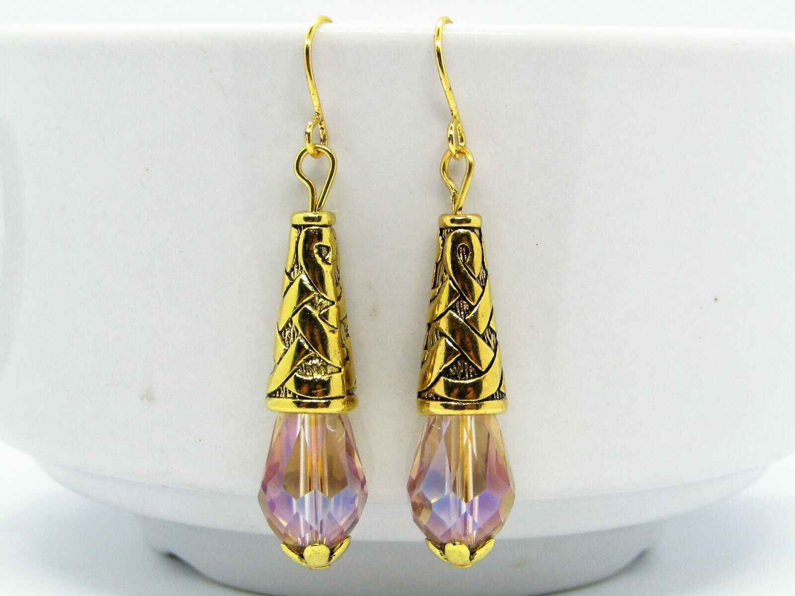Beige Crystal Gold Dangle Earrings