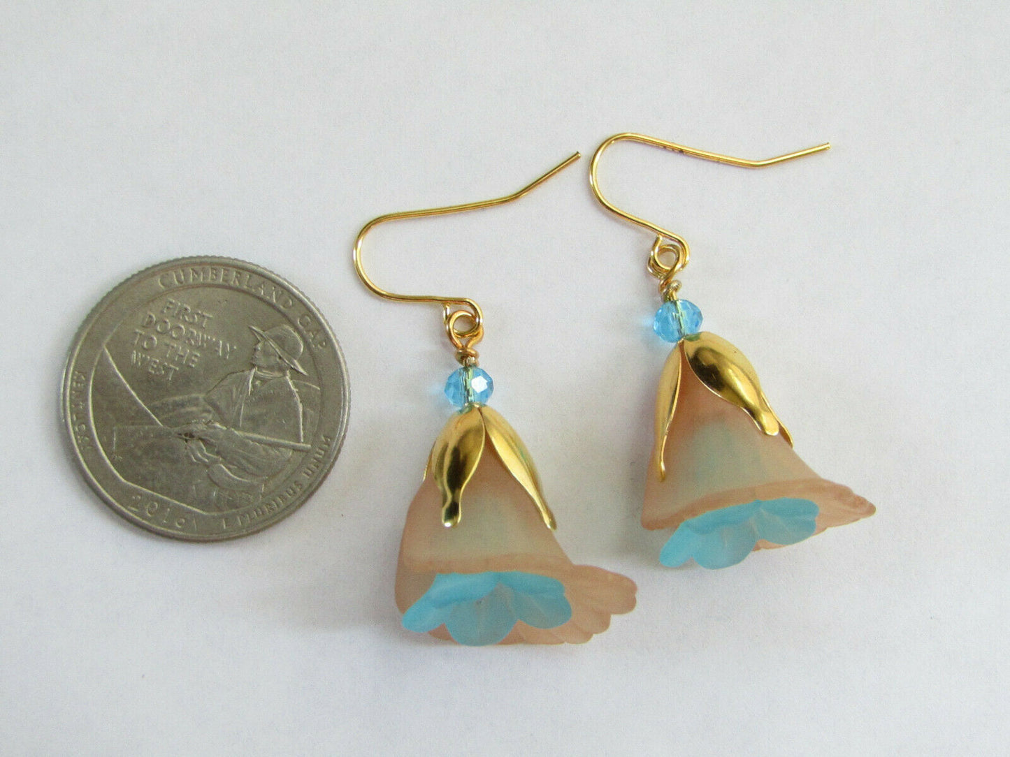 Flower Earrings Beige/Blue Tulip Cala Lily Gold Dangle Earrings Usa Handmade2 - Bad Apple Designs Jewelry