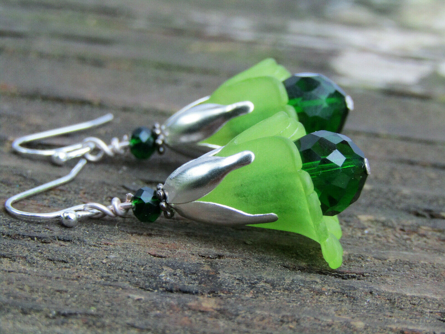 Flower Earrings Green Tulip Cala Lily Silver Dangle Earrings Sparkling Crystal - Bad Apple Designs Jewelry