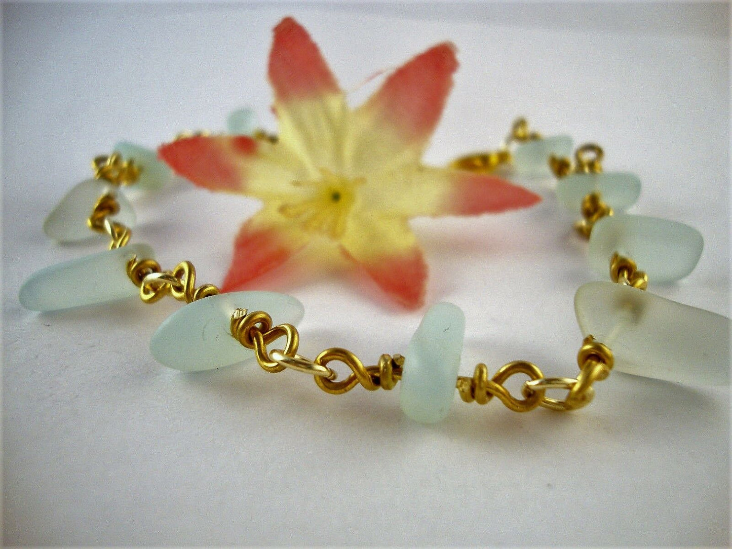 Blue Sea Glass Chain Link Bracelet 