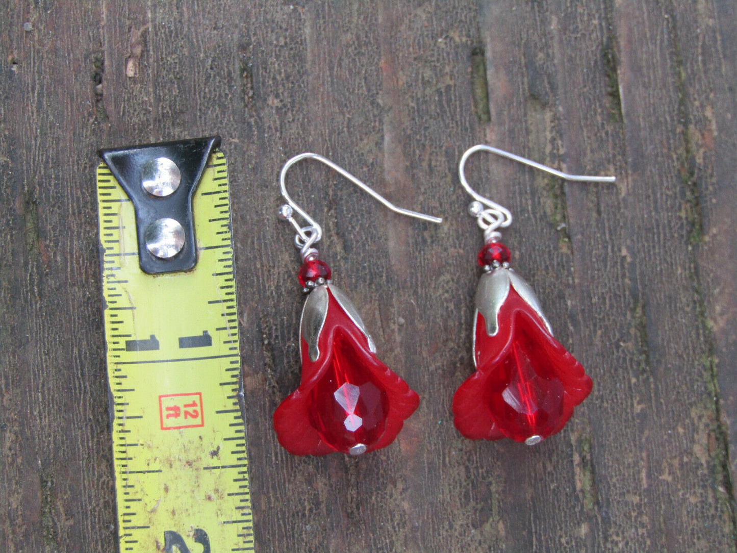 Flower Earrings Red Tulip Cala Lily Silver Dangle Earrings Sparkling Crystal - Bad Apple Designs Jewelry