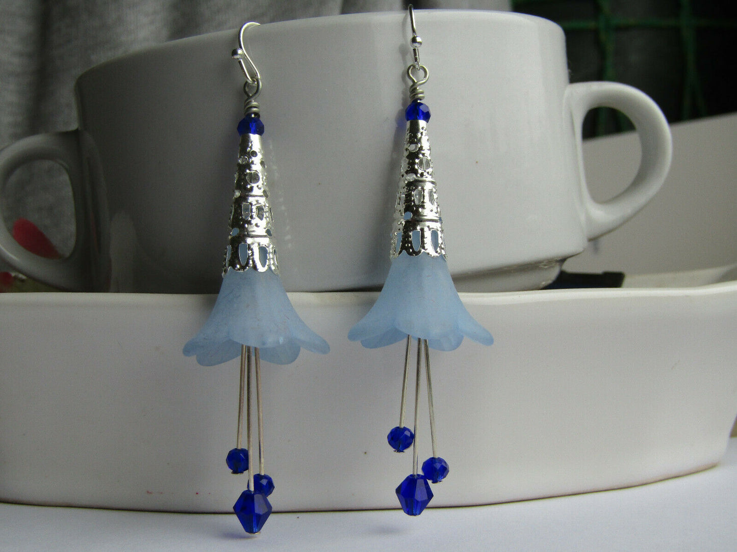 Flower Earrings Dark Blue Dangle Lucite Trumpet Lily Silver Plated Usa Handmade - Bad Apple Designs Jewelry
