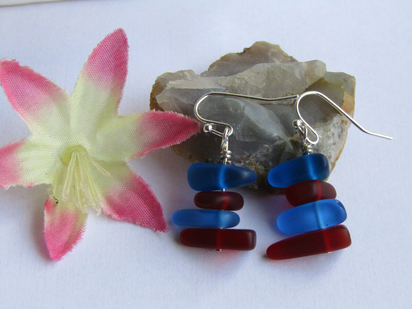 Blue & Red Sea Glass Earrings