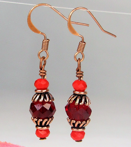 Faceted Red Crystal Antique Copper Capped Dangle Earrings , Artisan Made Ooak - Bad Apple Designs Jewelry