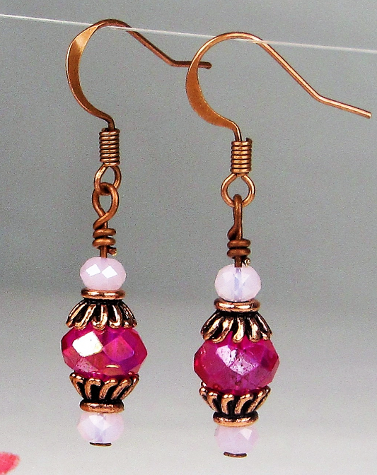 Faceted Hot Pink Crystal Antique Copper Capped Dangle Earrings Usa Handmade - Bad Apple Designs Jewelry