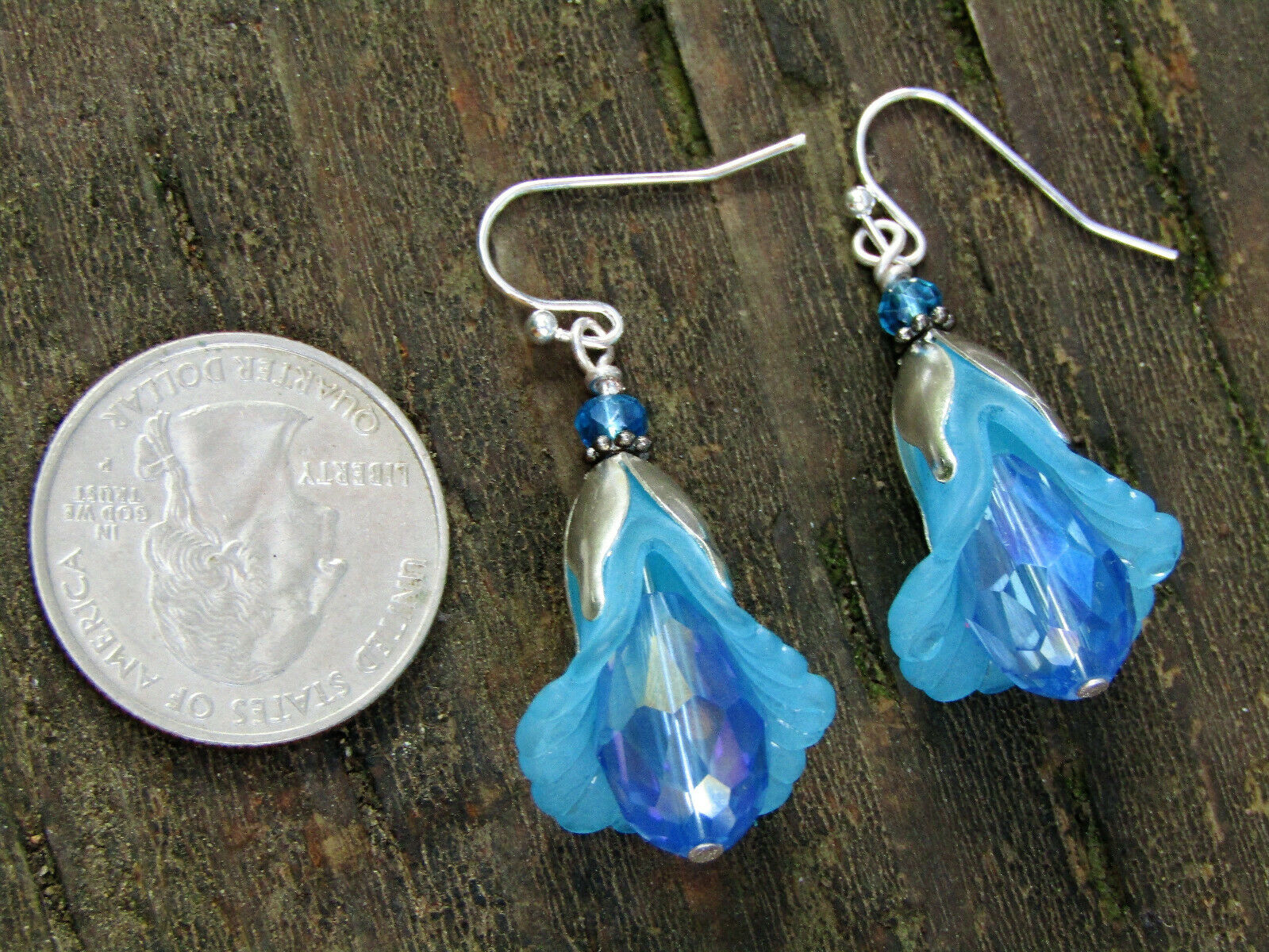 Flower Earrings Blue Tulip Cala Lily Silver Dangle Earrings Sparkling Crystal - Bad Apple Designs Jewelry