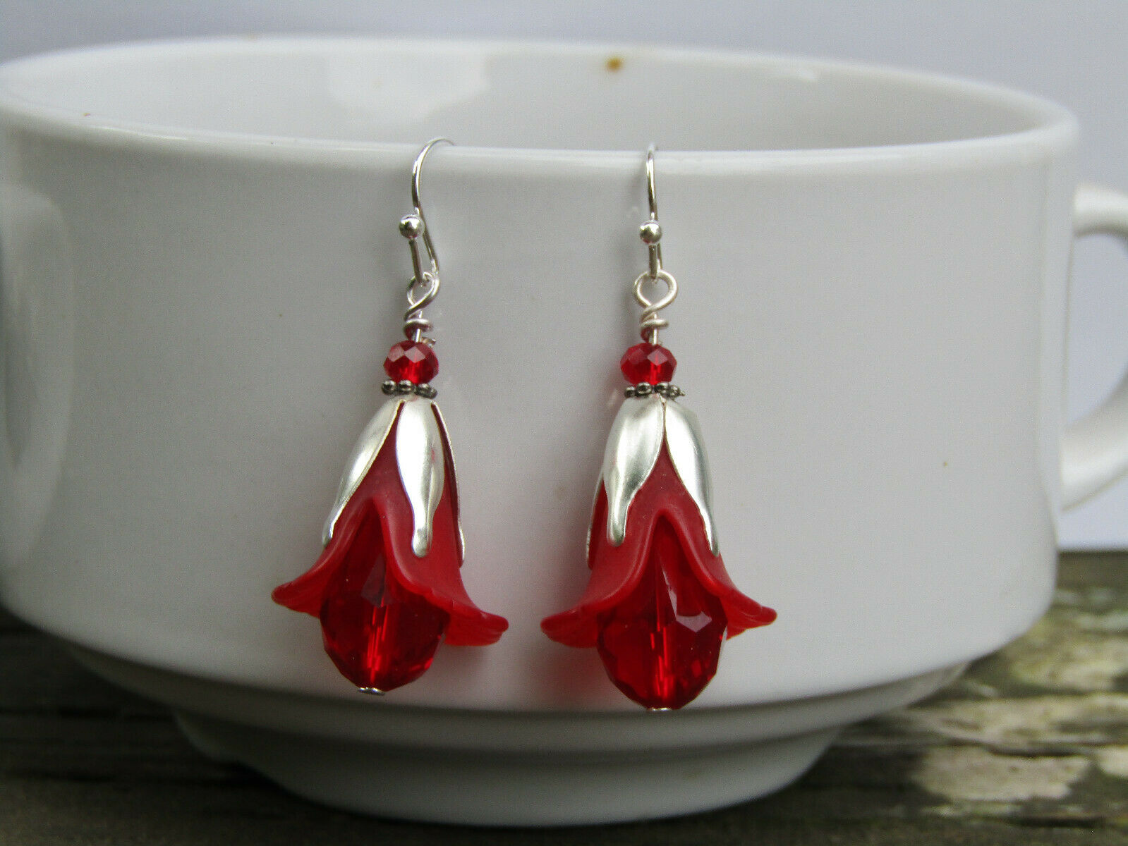 Flower Earrings Red Tulip Cala Lily Silver Dangle Earrings Sparkling Crystal - Bad Apple Designs Jewelry