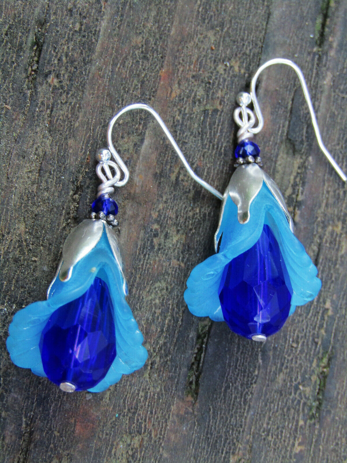 Flower Earrings BLUE Tulip Cala Lily Silver Dangle Earrings Sparkling Crystal - Bad Apple Designs Jewelry