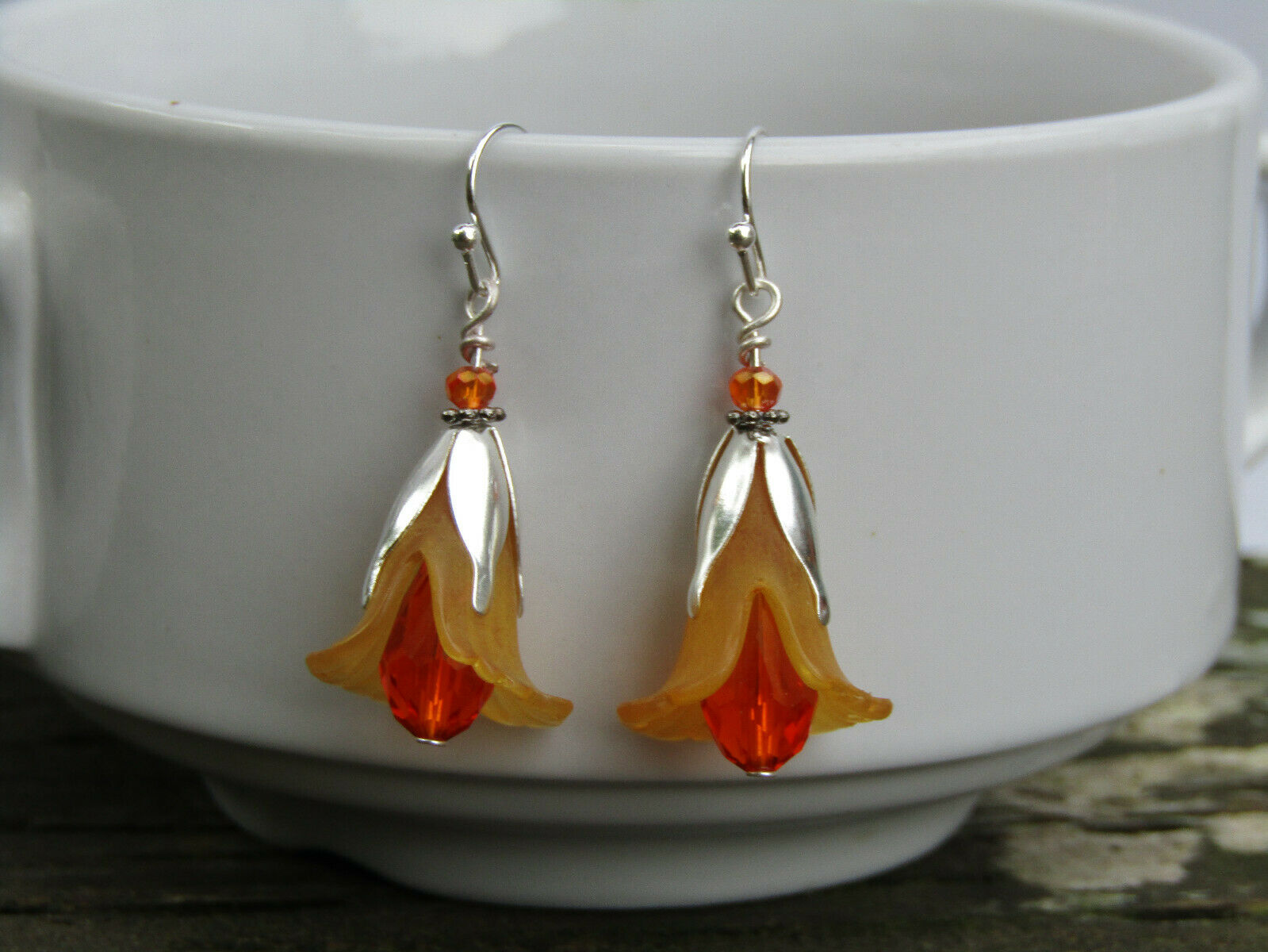 Flower Earrings Orange Tulip Cala Lily Silver Dangle Earrings Sparkling Crystal - Bad Apple Designs Jewelry