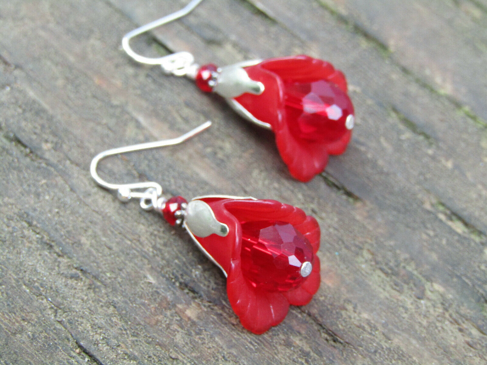 Flower Earrings Red Tulip Cala Lily Silver Dangle Earrings Sparkling Crystal - Bad Apple Designs Jewelry