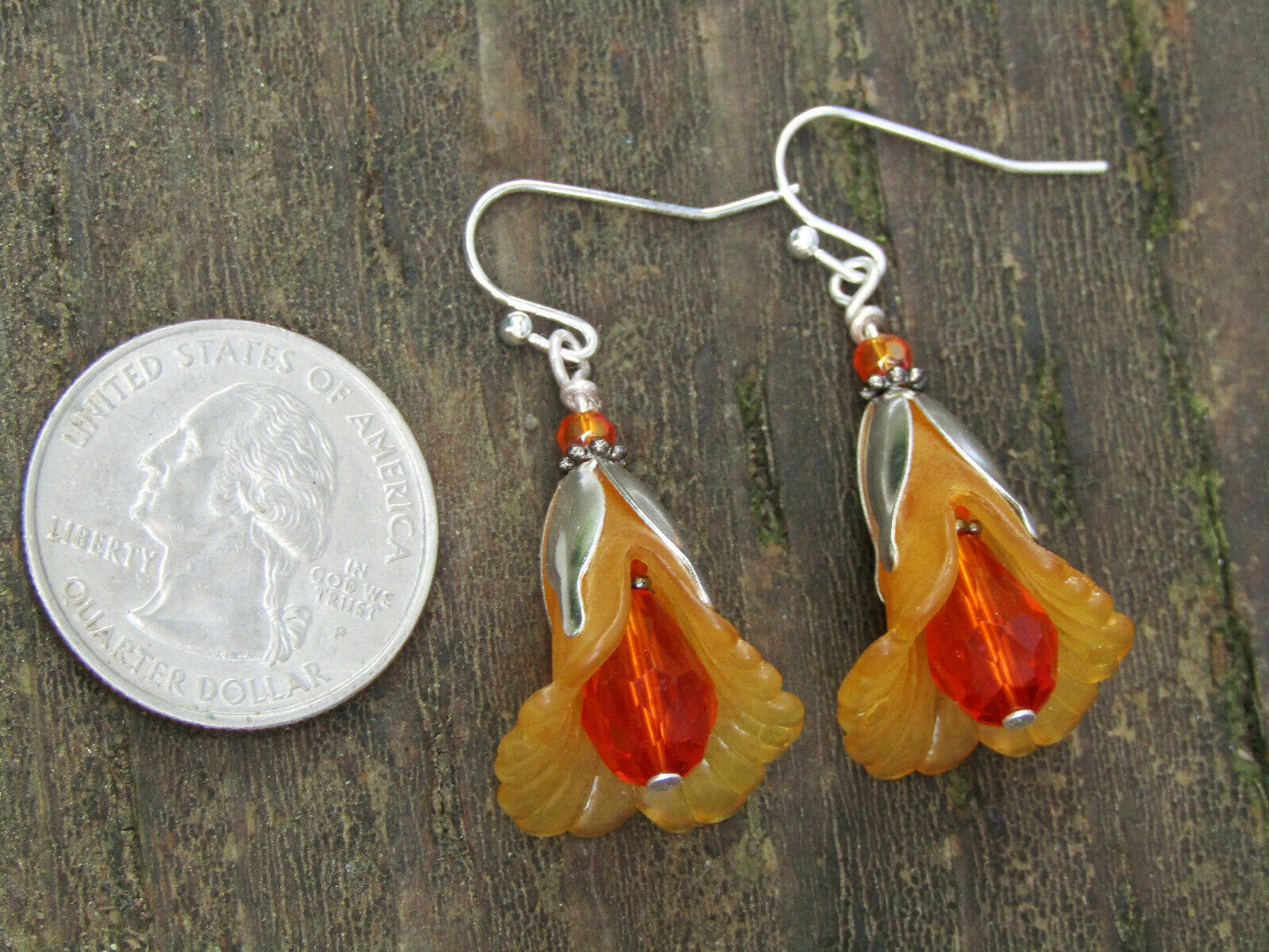 Flower Earrings Orange Tulip Cala Lily Silver Dangle Earrings Sparkling Crystal - Bad Apple Designs Jewelry