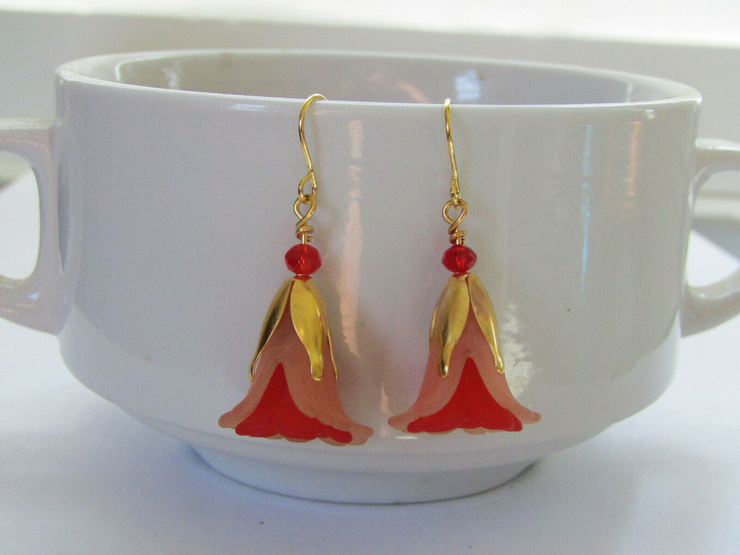 Flower Earrings Beige/Red Tulip Gold Dangle Earrings Usa Handmade Floral - Bad Apple Designs Jewelry