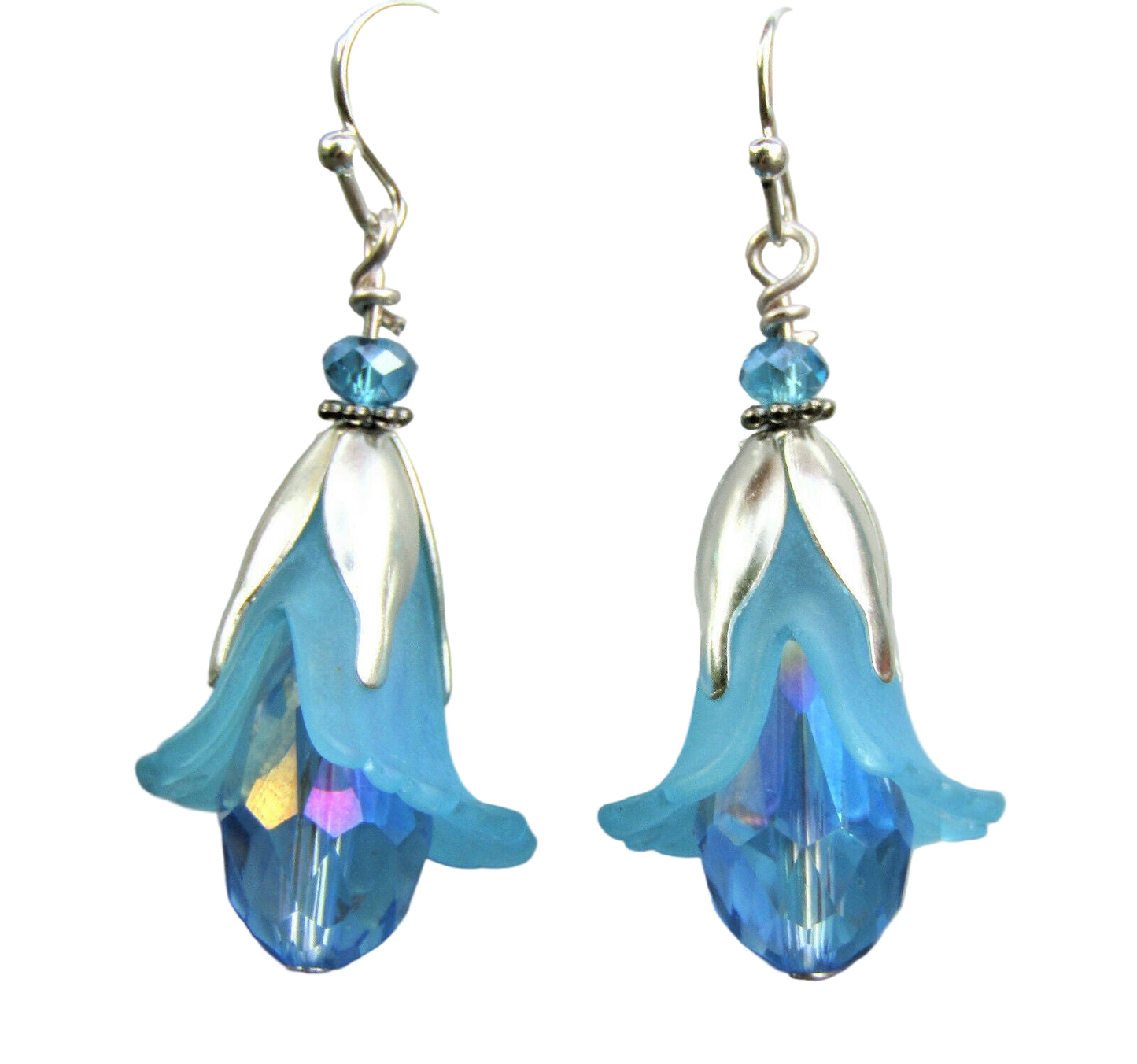 Flower Earrings Blue Tulip Cala Lily Silver Dangle Earrings Sparkling Crystal - Bad Apple Designs Jewelry