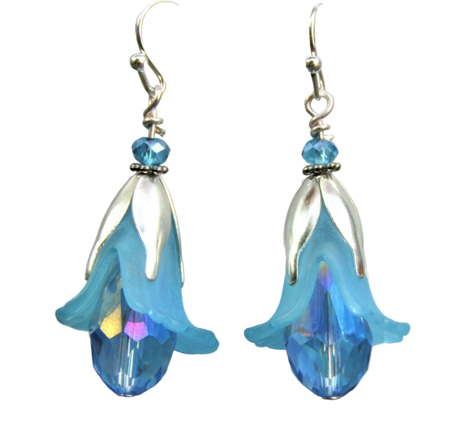 Flower Earrings Blue Tulip Cala Lily Silver Dangle Earrings Sparkling Crystal - Bad Apple Designs Jewelry
