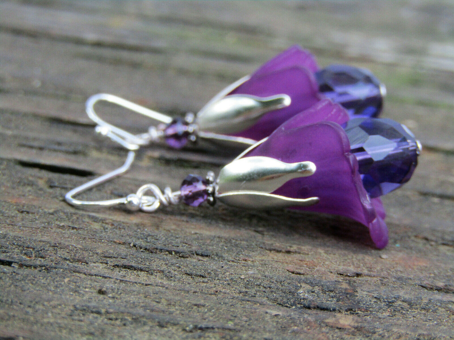 Flower Earrings Purple Tulip Cala Lily Silver Dangle Earrings Sparkling Crystal - Bad Apple Designs Jewelry