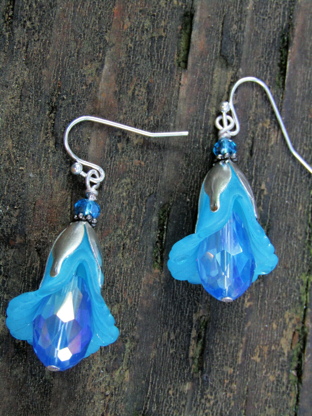 Flower Earrings Blue Tulip Cala Lily Silver Dangle Earrings Sparkling Crystal - Bad Apple Designs Jewelry