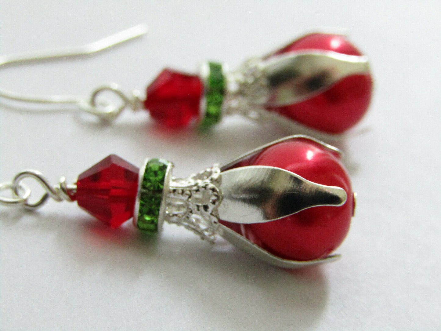 Red Glass Pearl Green Crystal Christmas Holiday Earrings Silver - Bad Apple Designs Jewelry