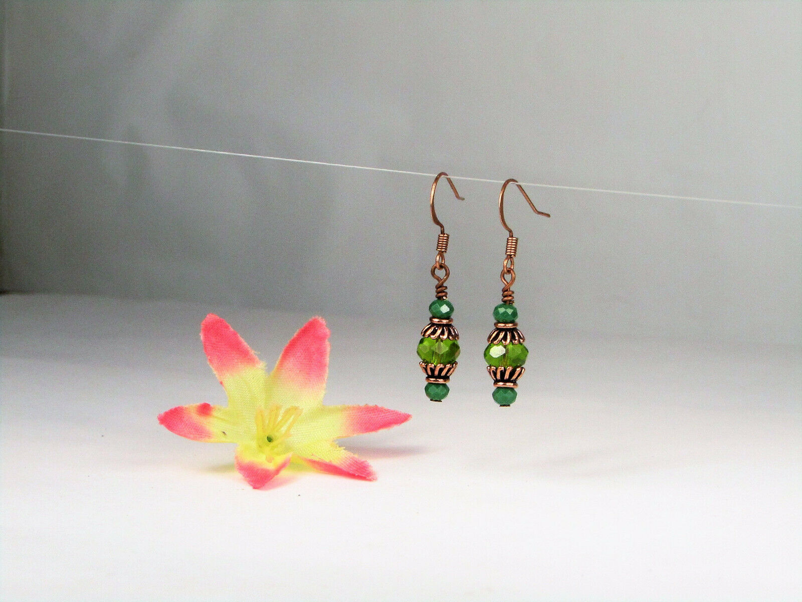 Faceted Light Green Crystal Antique Copper Capped Dangle Earrings, Artisan Made - Bad Apple Designs Jewelry