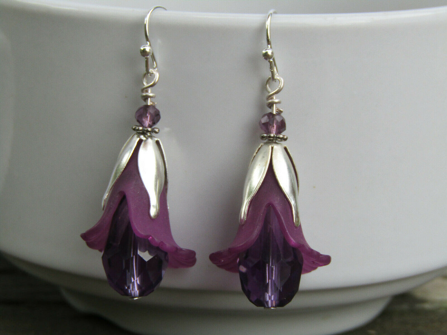 Flower Earrings Purple Tulip Cala Lily Silver Dangle Earrings Sparkling Crystal - Bad Apple Designs Jewelry