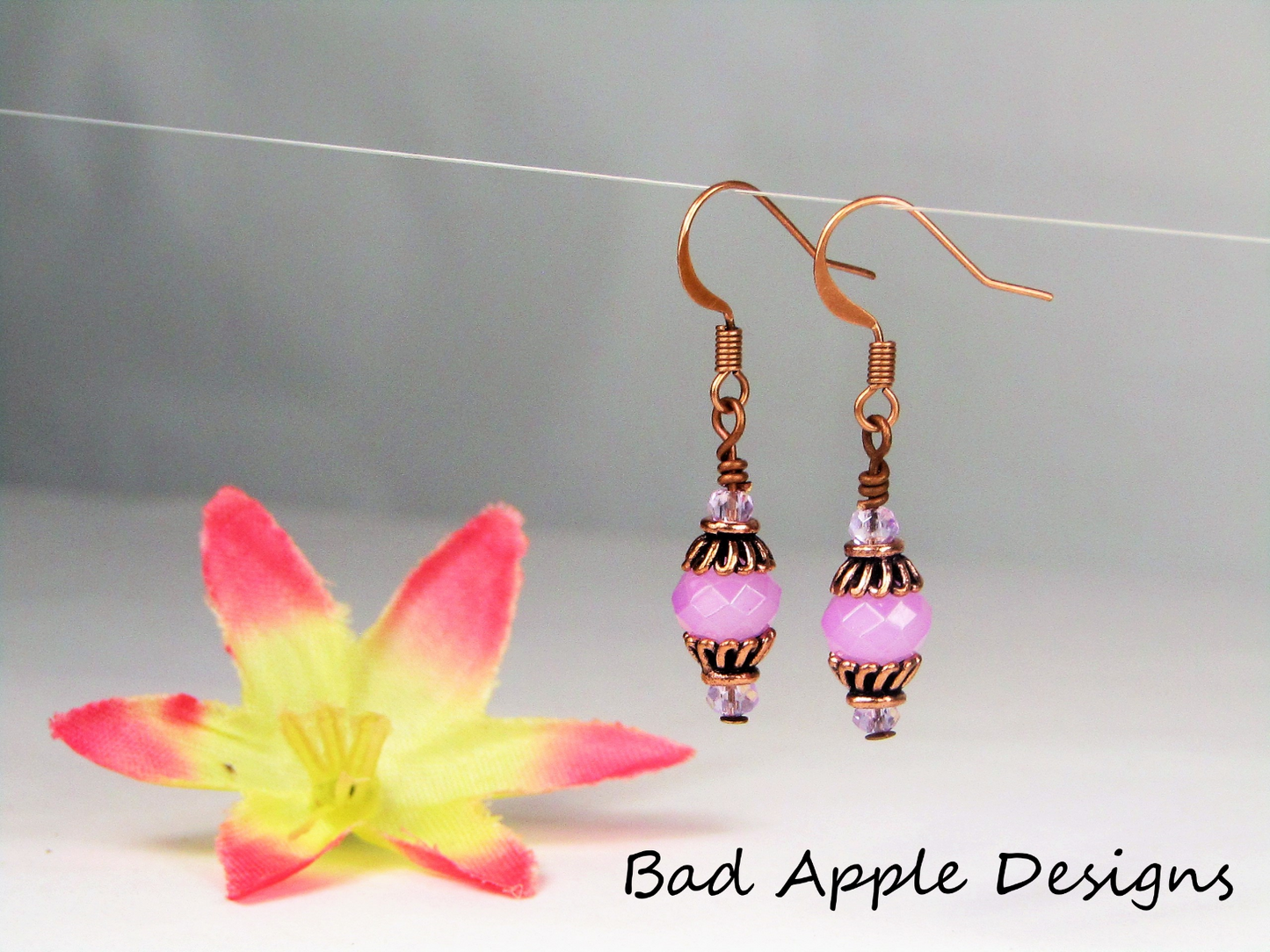 Faceted Opaque Purple Crystal Antique Copper Capped Dangle Earrings Artisan Made - Bad Apple Designs Jewelry