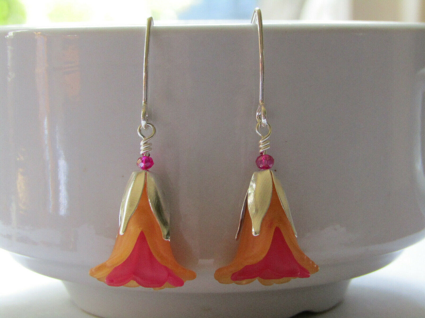 Flower Earrings Orange Pink Tulip Cala Lily Silver Dangle Earrings Usa Handmade2 - Bad Apple Designs Jewelry