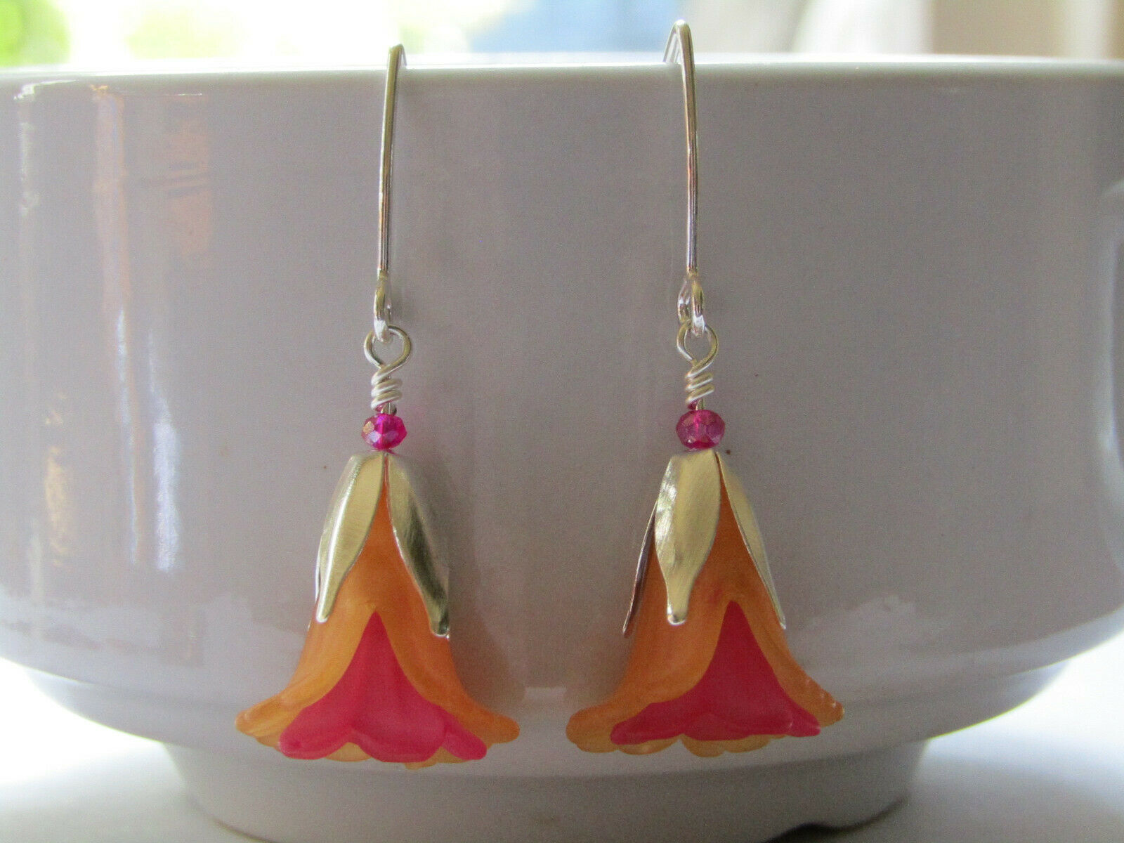 Flower Earrings Orange Pink Tulip Cala Lily Silver Dangle Earrings Usa Handmade2 - Bad Apple Designs Jewelry