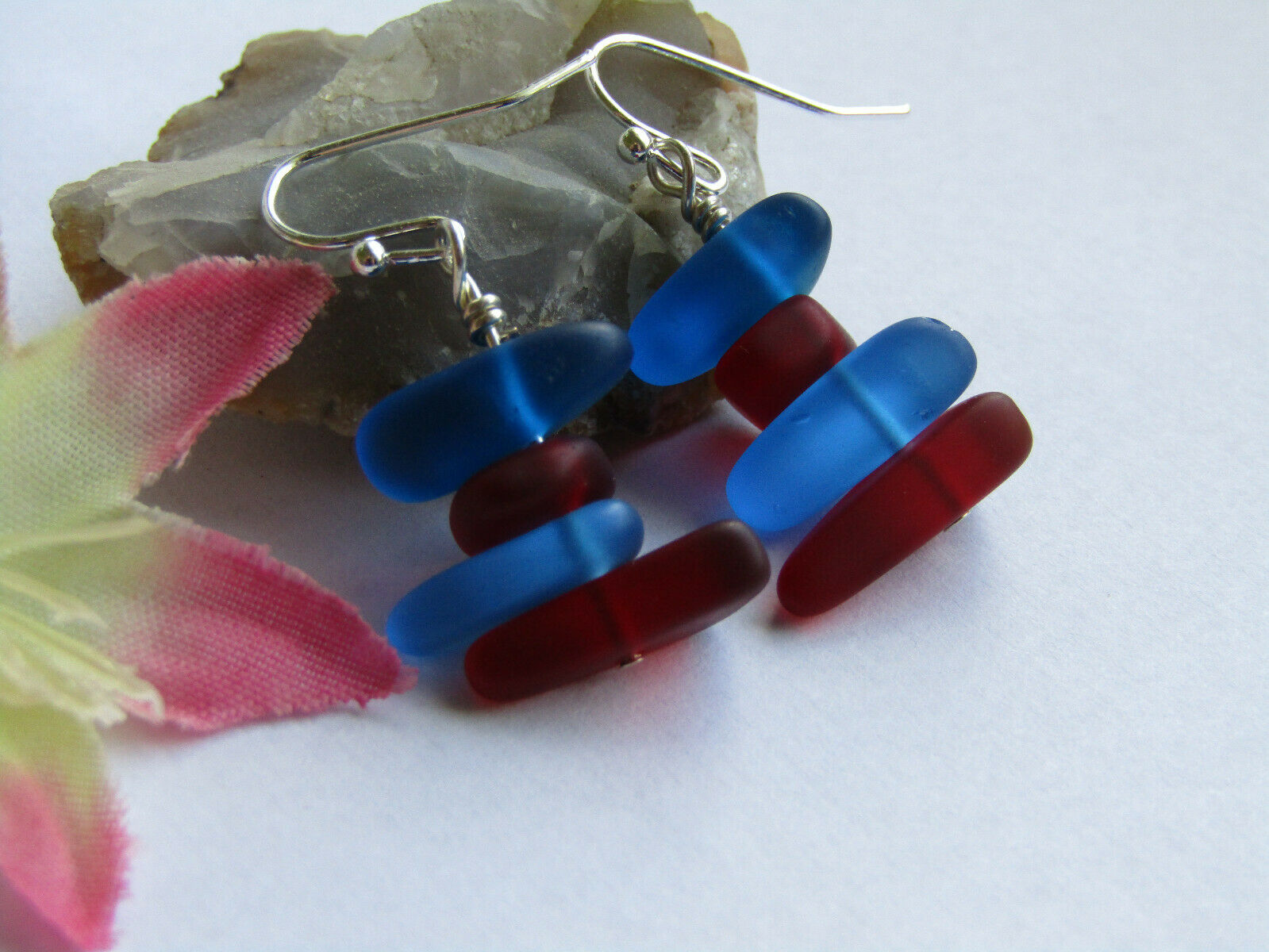 Blue & Red Sea Glass Earrings