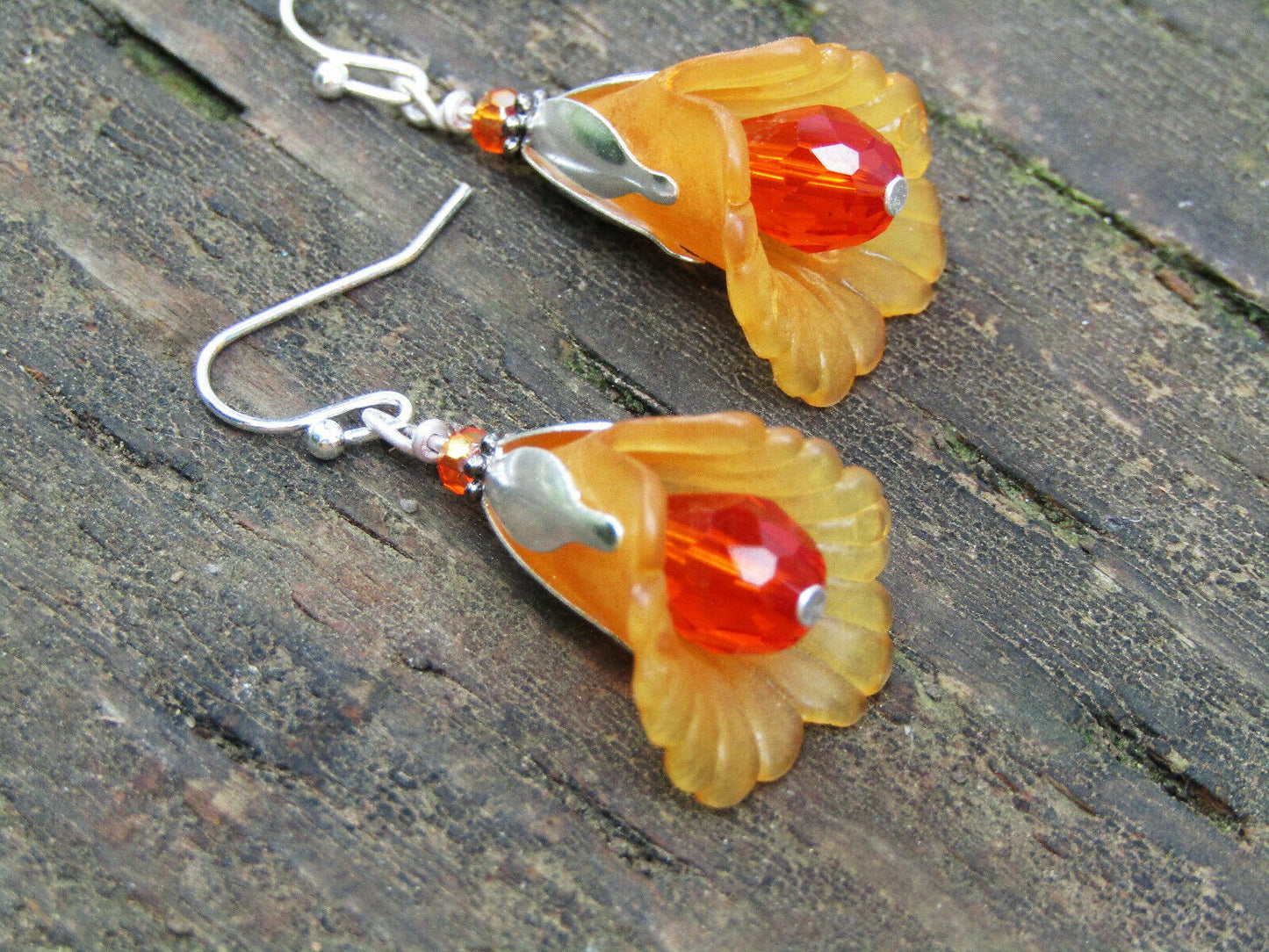 Flower Earrings Orange Tulip Cala Lily Silver Dangle Earrings Sparkling Crystal - Bad Apple Designs Jewelry