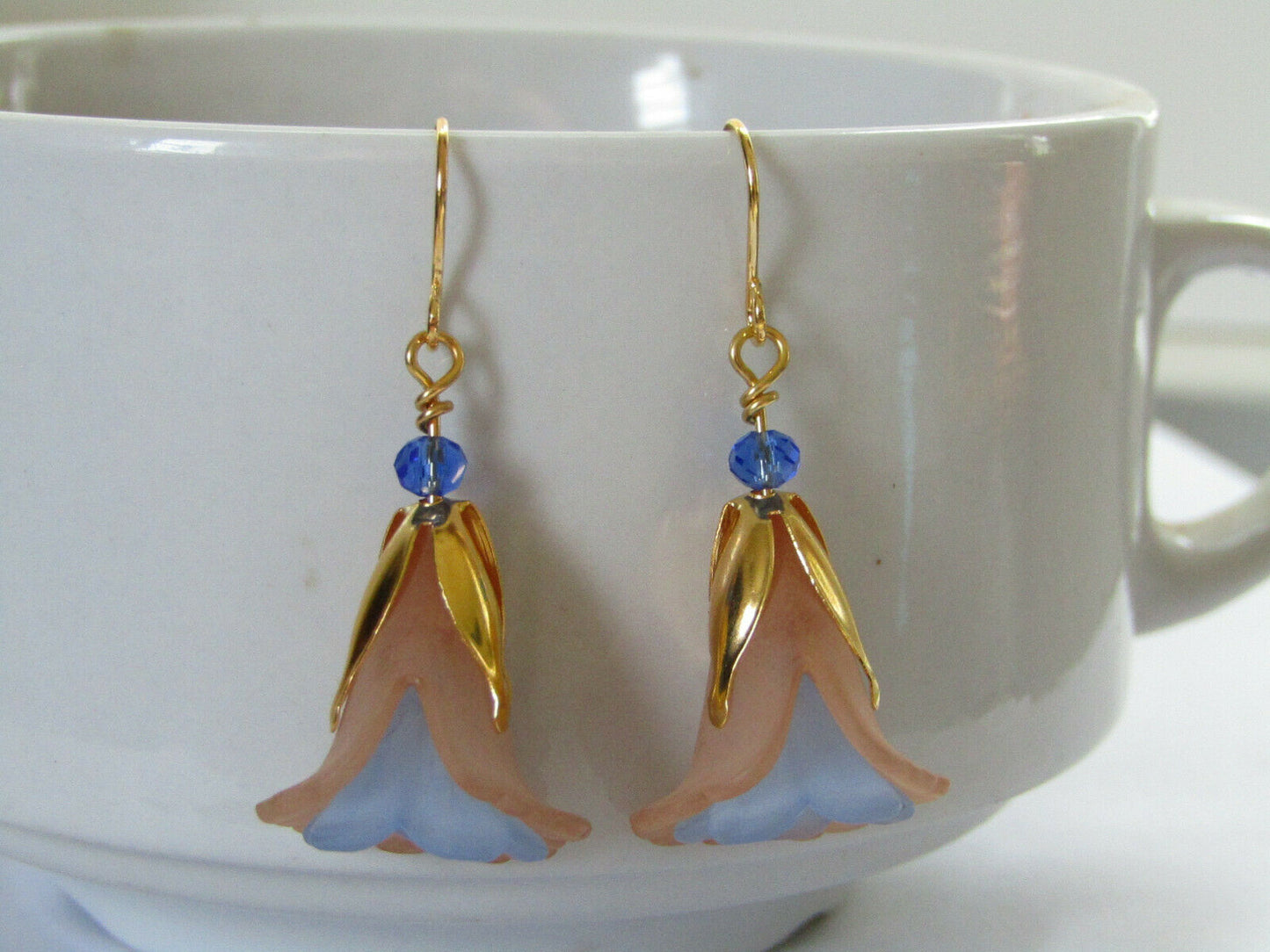 Flower Earrings Beige/Blue Tulip Cala Lily Gold Dangle Earrings Usa Handmade - Bad Apple Designs Jewelry