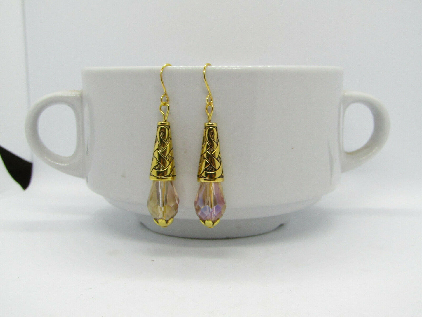 Beige Crystal Gold Dangle Earrings