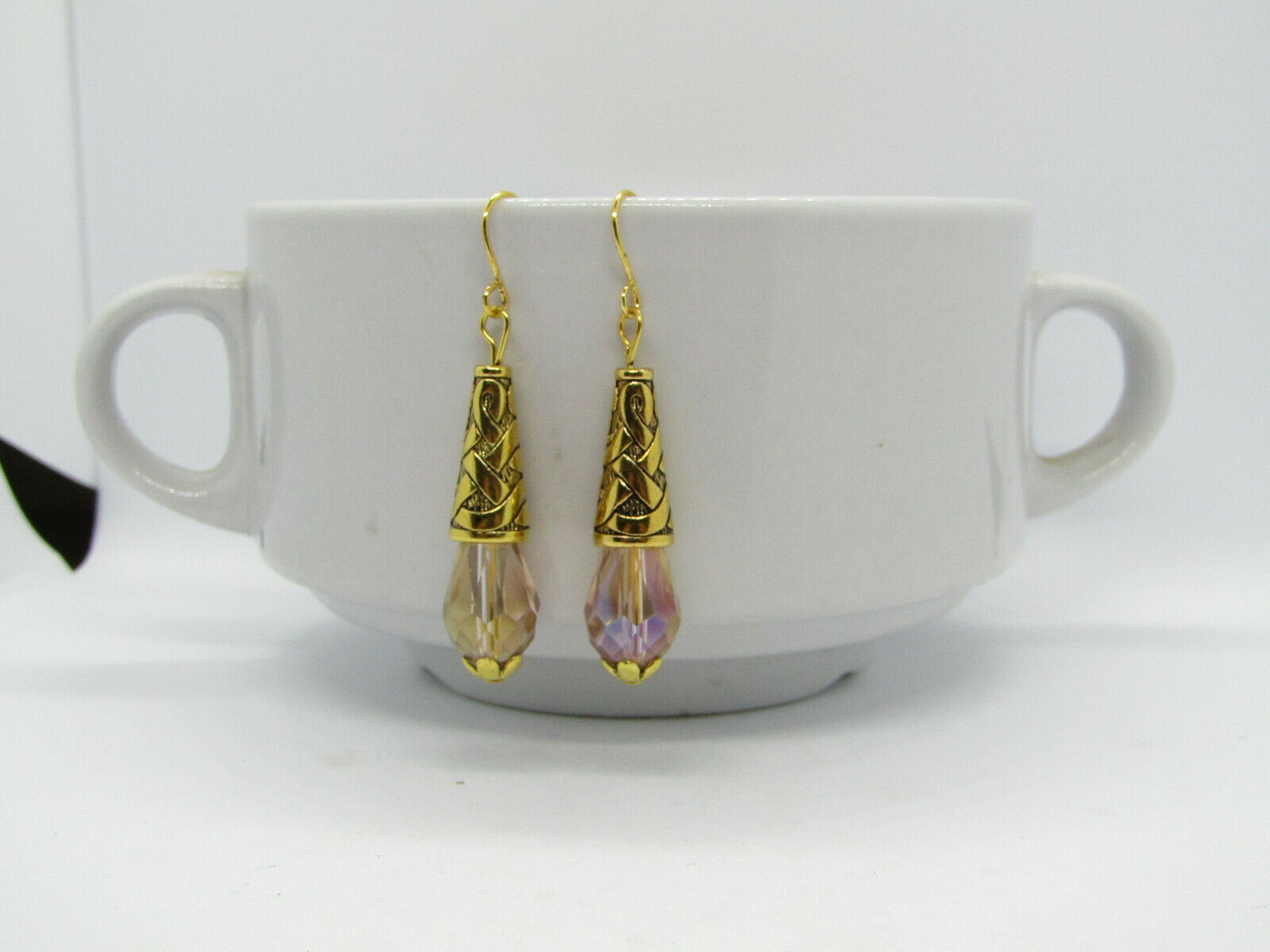 Beige Crystal Gold Dangle Earrings