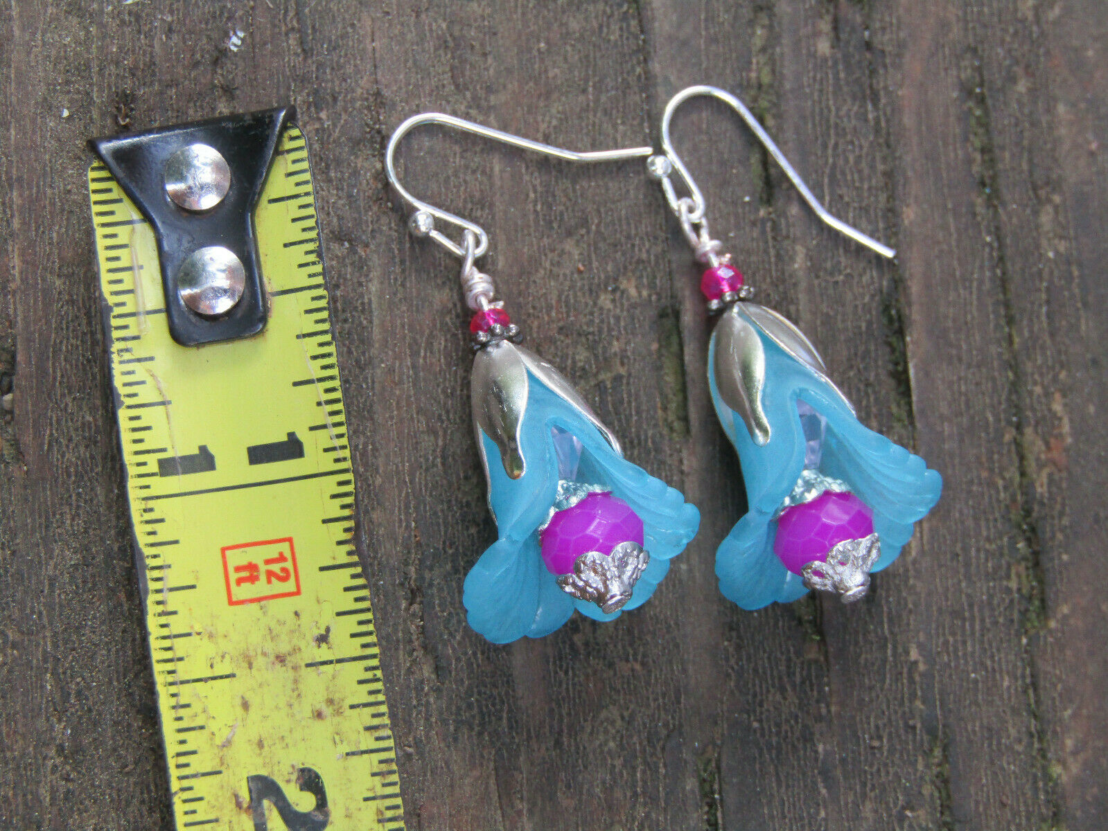 Flower Earrings Blue Purple Dangle Lucite Trumpet Lily Silver Plated - Bad Apple Designs Jewelry