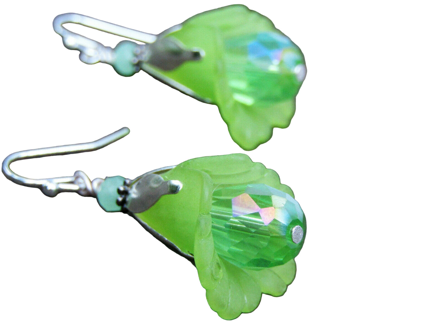 Flower Earrings Green Tulip Cala Lily Silver Dangle Earrings Sparkling Crystal - Bad Apple Designs Jewelry