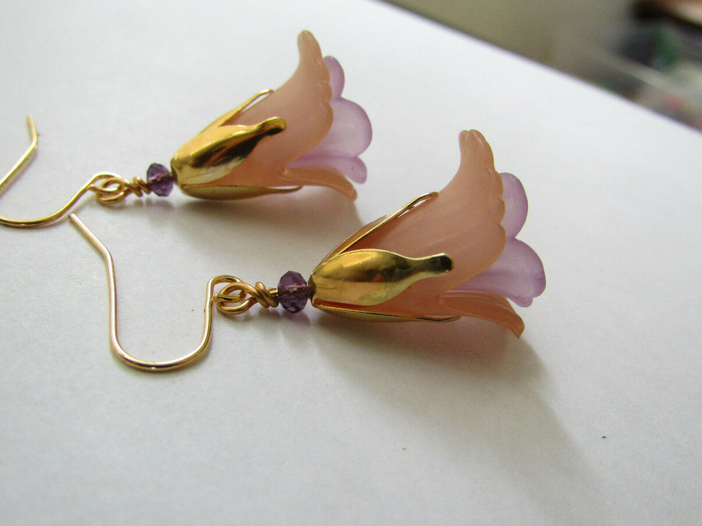 Flower Earrings Beige/Purple Tulip Cala Lily Gold Dangle Earrings Usa Handmade - Bad Apple Designs Jewelry