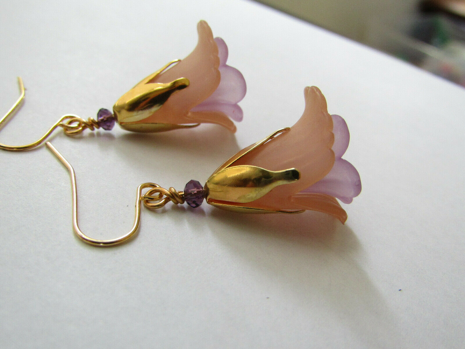 Flower Earrings Beige/Purple Tulip Cala Lily Gold Dangle Earrings Usa Handmade - Bad Apple Designs Jewelry