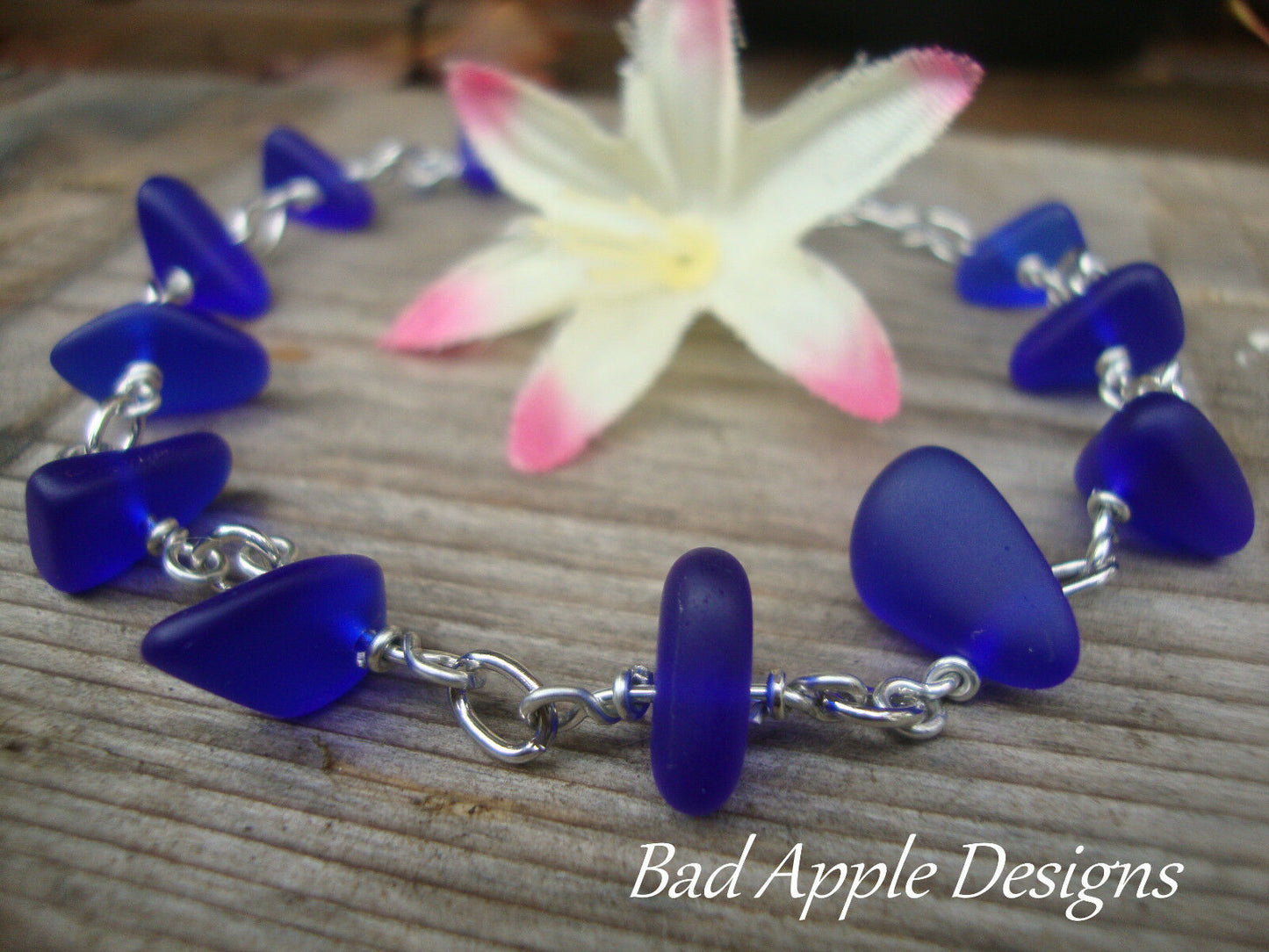 Cobalt Blue Sea Glass Silver Chain Link Bracelet Beach Glass Tumbled - Bad Apple Designs Jewelry