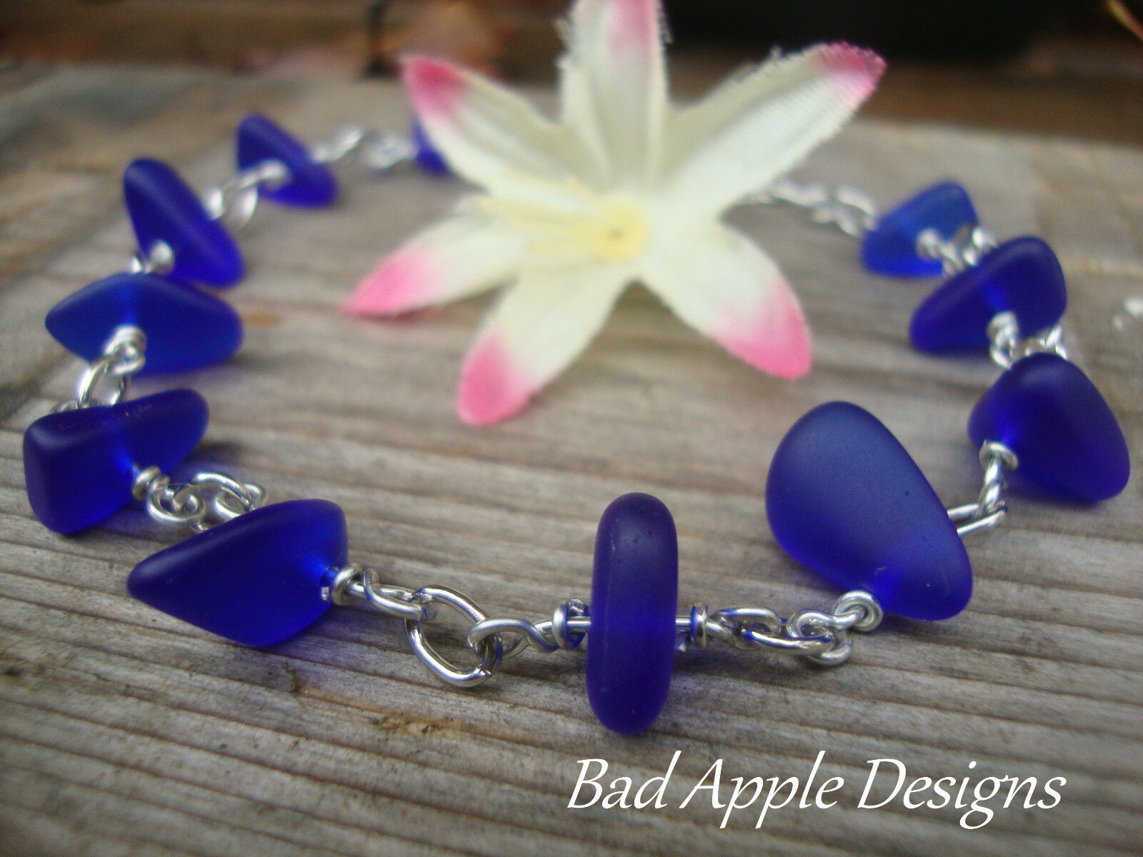 Cobalt Blue Sea Glass Silver Chain Link Bracelet Beach Glass Tumbled - Bad Apple Designs Jewelry