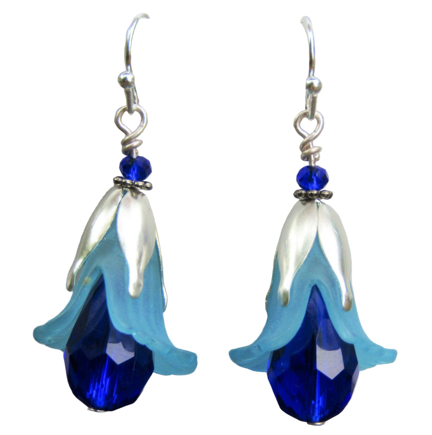 Flower Earrings BLUE Tulip Cala Lily Silver Dangle Earrings Sparkling Crystal - Bad Apple Designs Jewelry