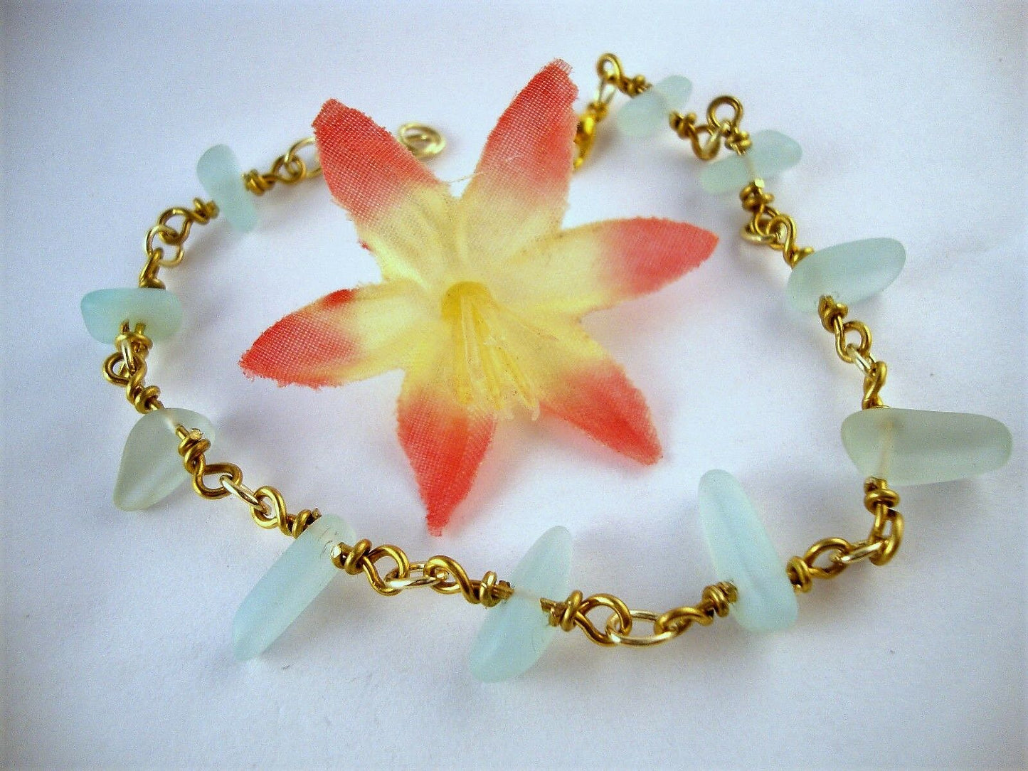 Aqua Blue Sea Glass Chain Link Bracelet