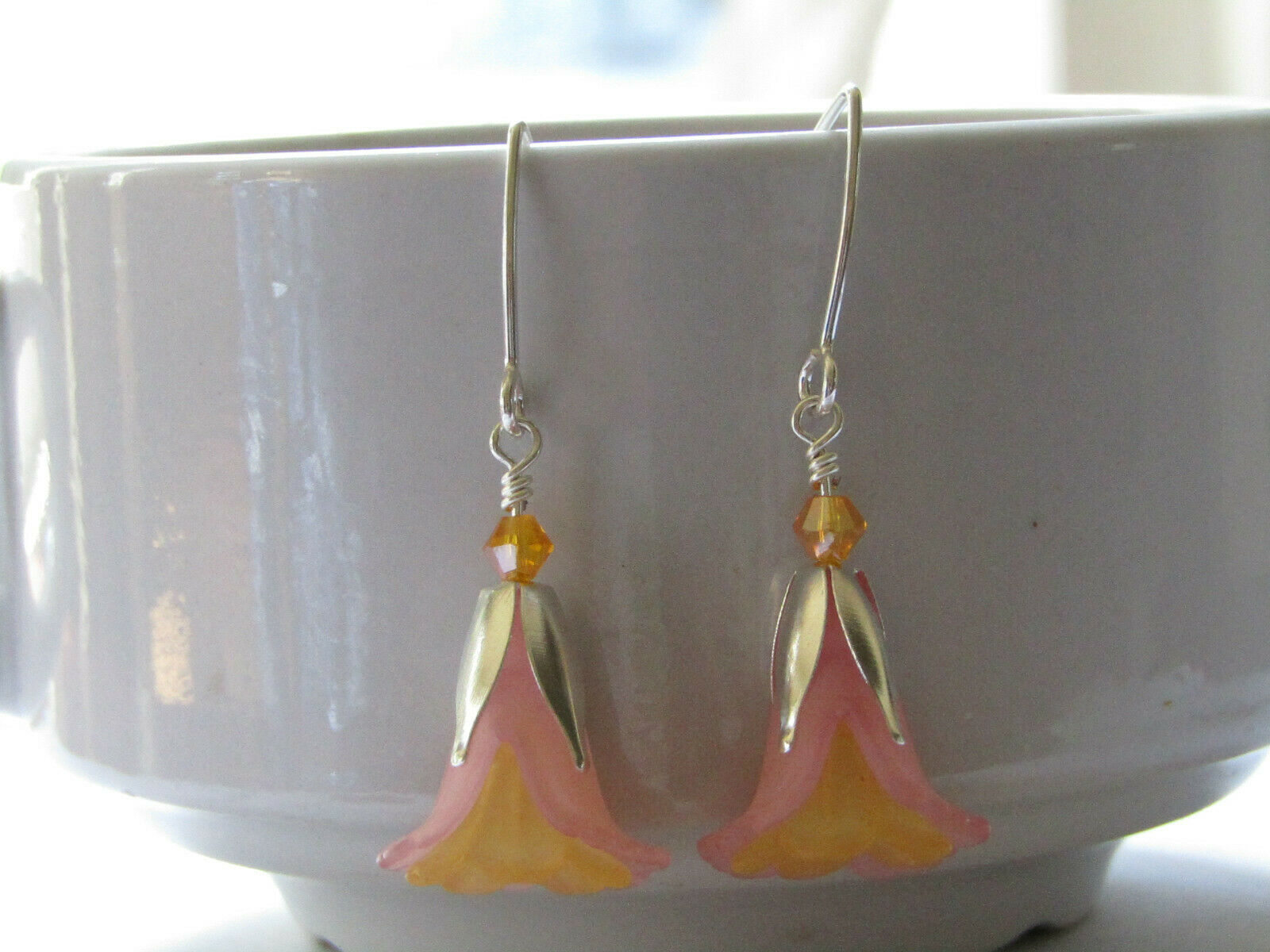 Flower Earrings Pink Orange Tulip Cala Lily Silver Dangle Earrings Usa Handmade - Bad Apple Designs Jewelry
