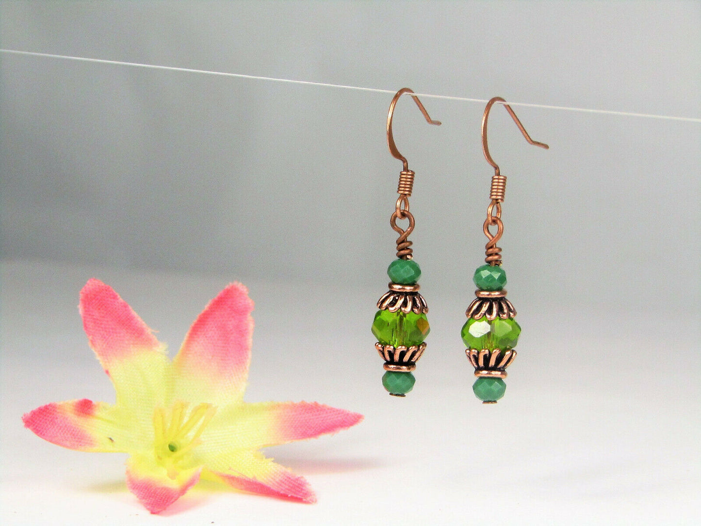Faceted Light Green Crystal Antique Copper Capped Dangle Earrings, Artisan Made - Bad Apple Designs Jewelry