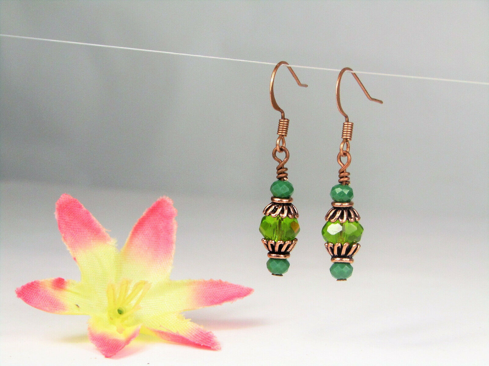 Faceted Light Green Crystal Antique Copper Capped Dangle Earrings, Artisan Made - Bad Apple Designs Jewelry