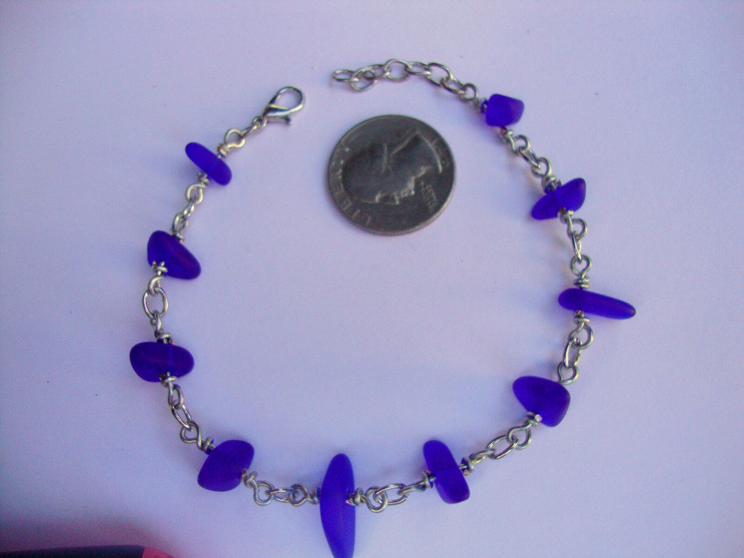 Cobalt Blue Sea Glass Silver Chain Link Bracelet Beach Glass Tumbled - Bad Apple Designs Jewelry