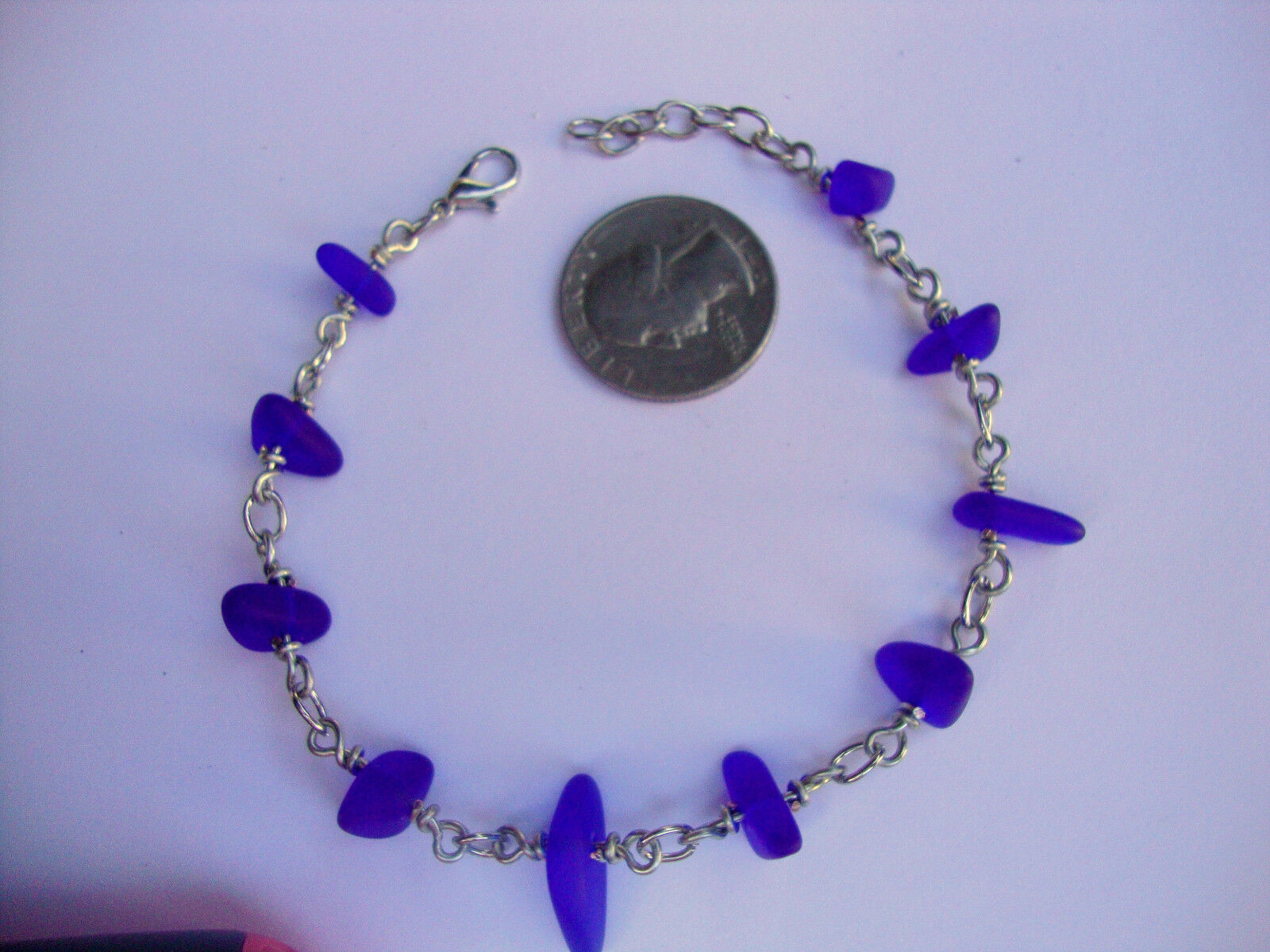 Cobalt Blue Sea Glass Silver Chain Link Bracelet Beach Glass Tumbled - Bad Apple Designs Jewelry