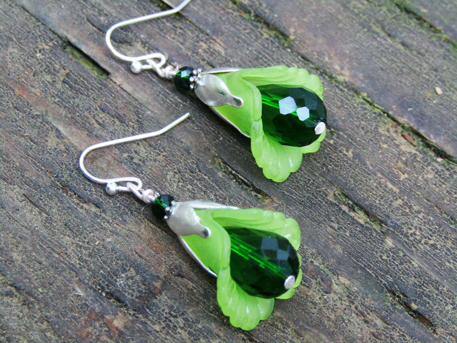 Flower Earrings Green Tulip Cala Lily Silver Dangle Earrings Sparkling Crystal - Bad Apple Designs Jewelry