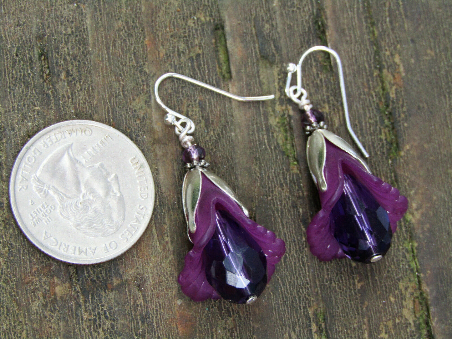 Flower Earrings Purple Tulip Cala Lily Silver Dangle Earrings Sparkling Crystal - Bad Apple Designs Jewelry