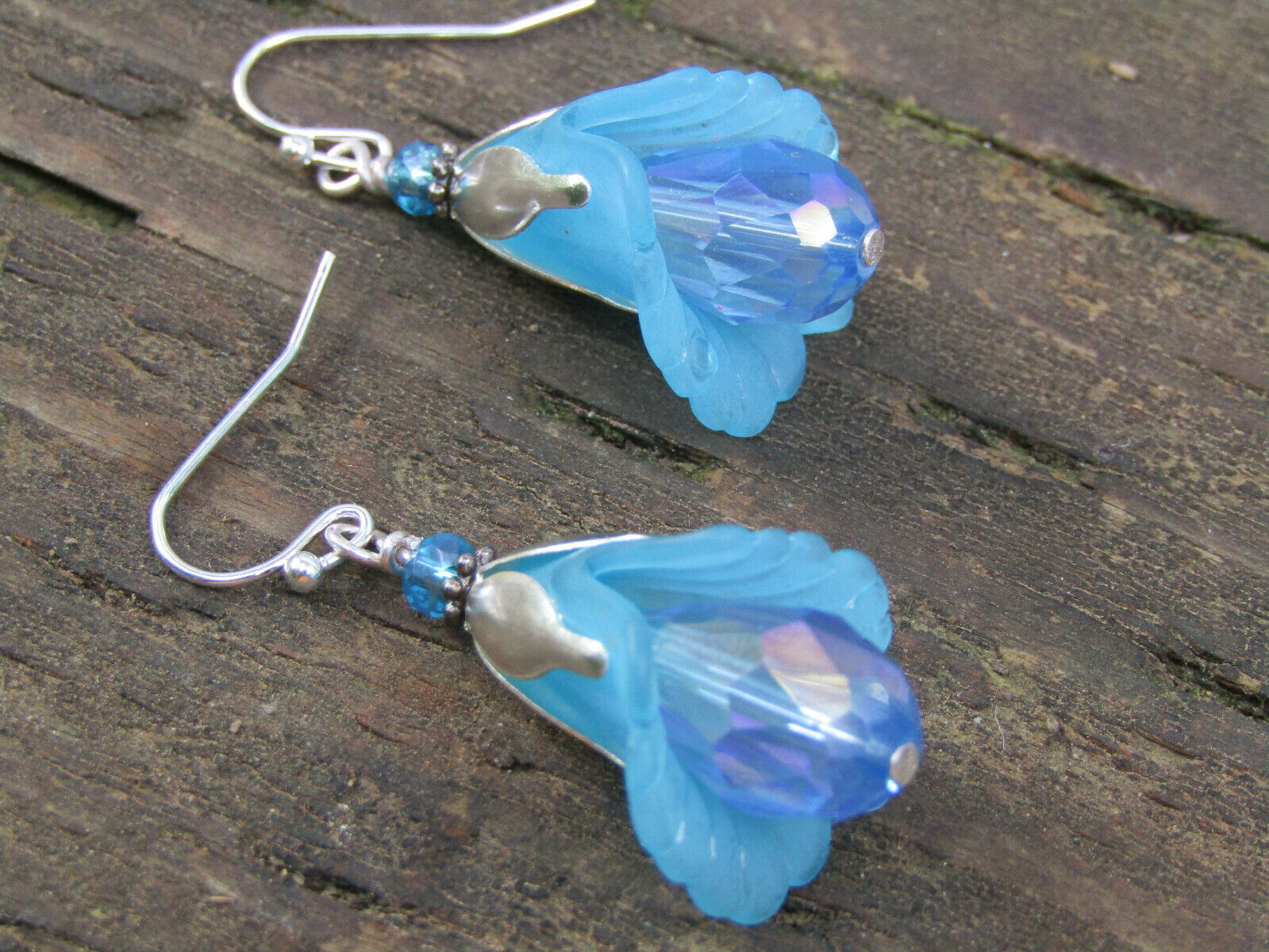 Flower Earrings Blue Tulip Cala Lily Silver Dangle Earrings Sparkling Crystal - Bad Apple Designs Jewelry